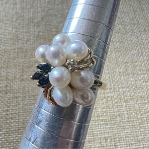 Vintage 14k Cluster Pearl Sapphire and Diamond Gold Ring